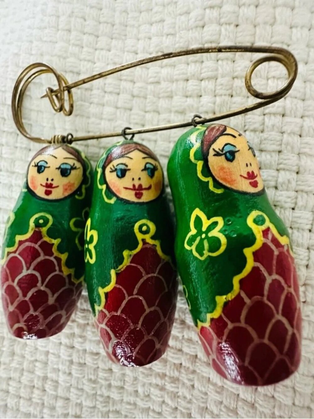 Vintage Hand Painted Russian Doll Safety Pin Brooch Wooden Matryoshka Pin